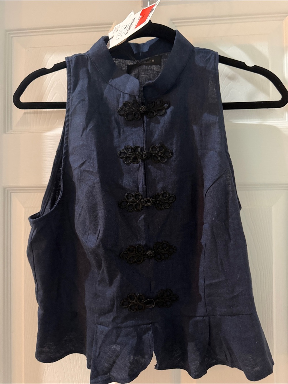 NWT Zara Navy Blue Sleeveless Mandarin Collar Tank with Frog Closures